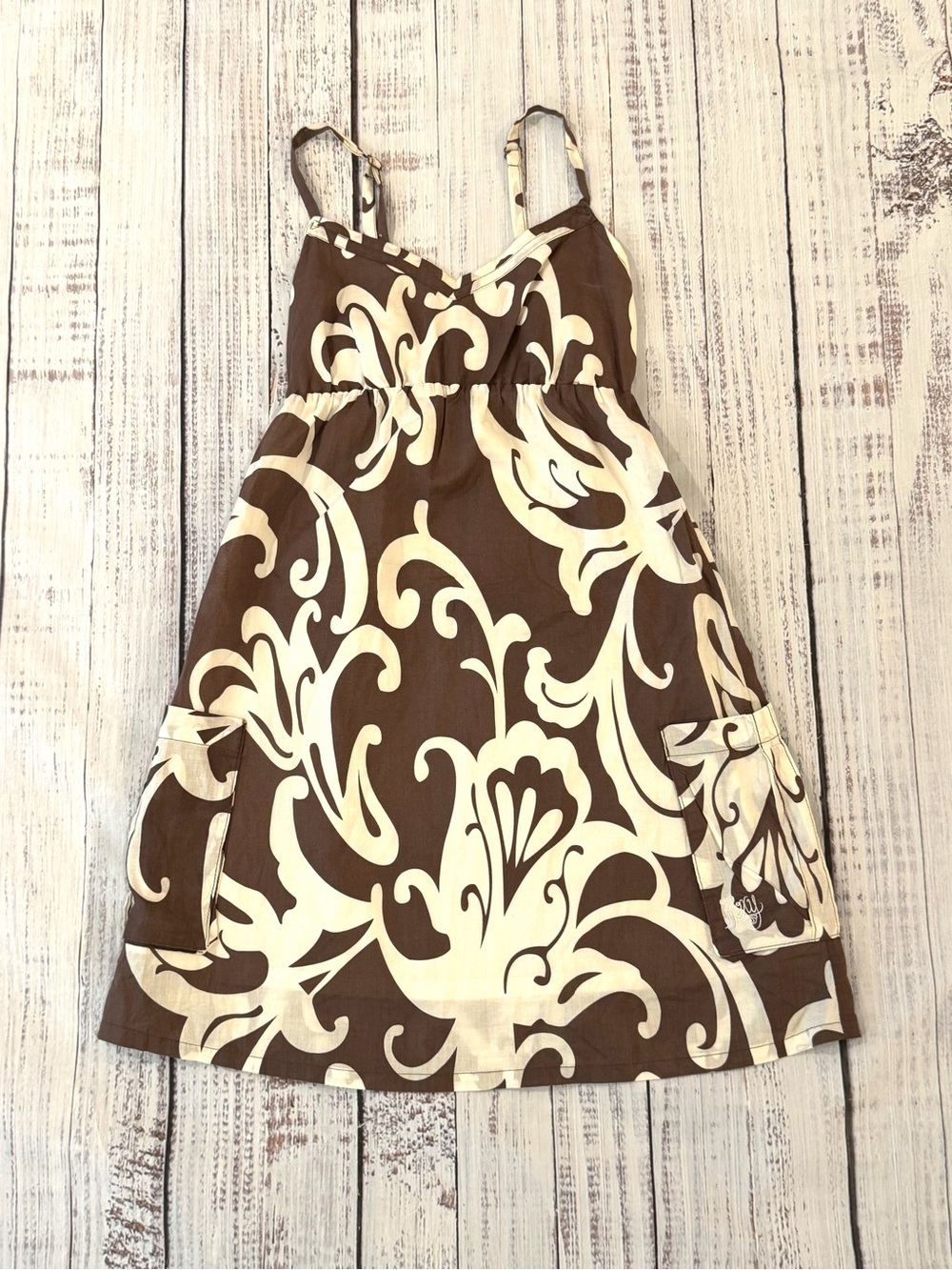 VTG Y2K Roxy Floral Sundress Tropical Empire Waist Cargo Mini Dress S. Beach